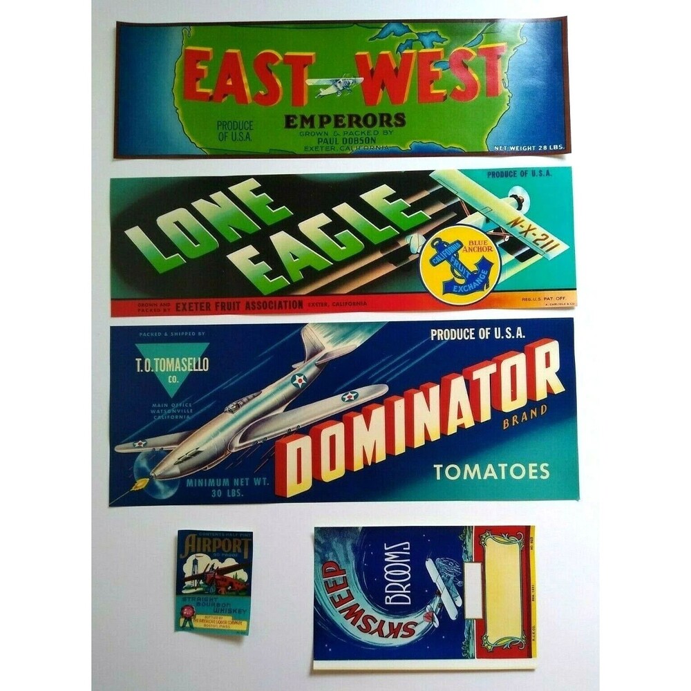 Airplane Labels Dominator Sky Sweep Lone Eagle Airport Planes 1930s-50s Lot Of 5
